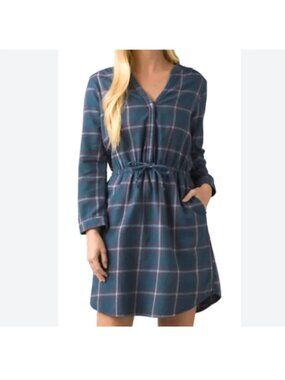 Prana Loop to Pines Dress Blue Size L Organic Cotton Plaid Flannel Granola